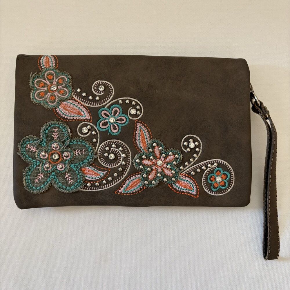 American Bling By Montana West Floral Embroidered Zip-Around Wristlet Wallet